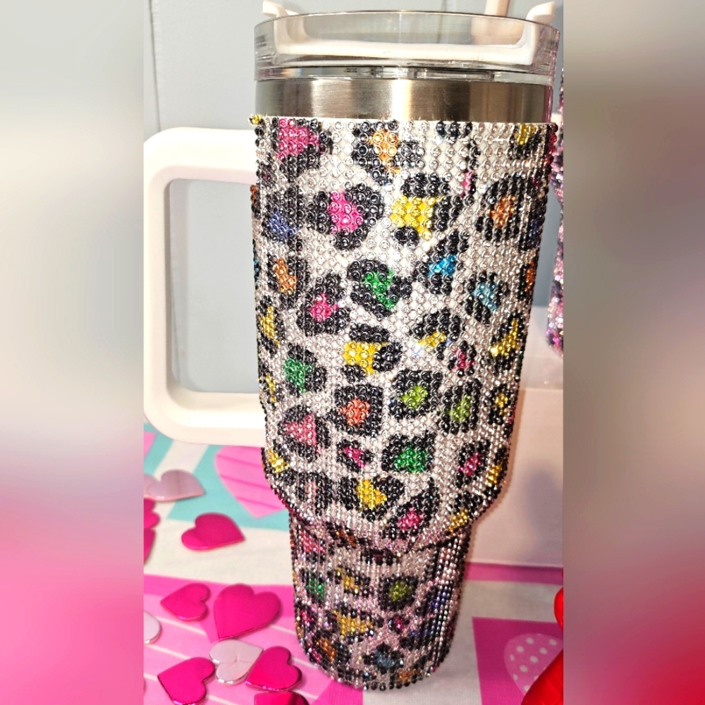 Leopard Print Rhinestone Tumbler with Handle